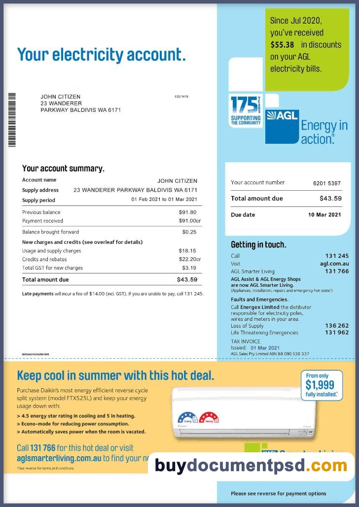 Buy Australian electricity bill Template