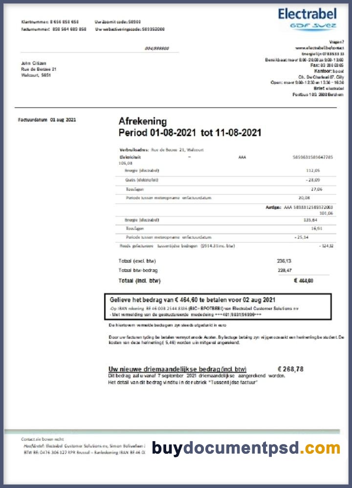 Buy Belgium Electrabel Bill Template
