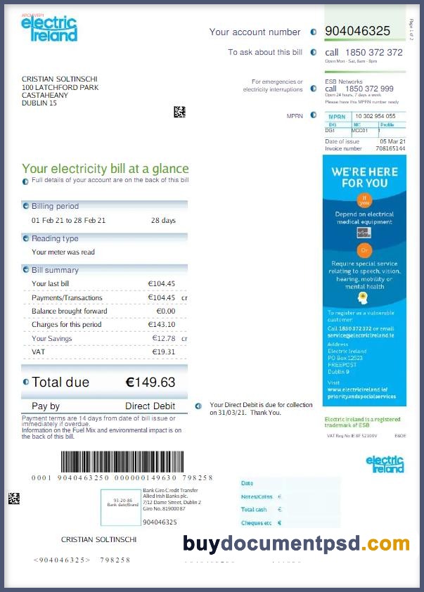 Buy Ireland Virgin Bill Template PSD