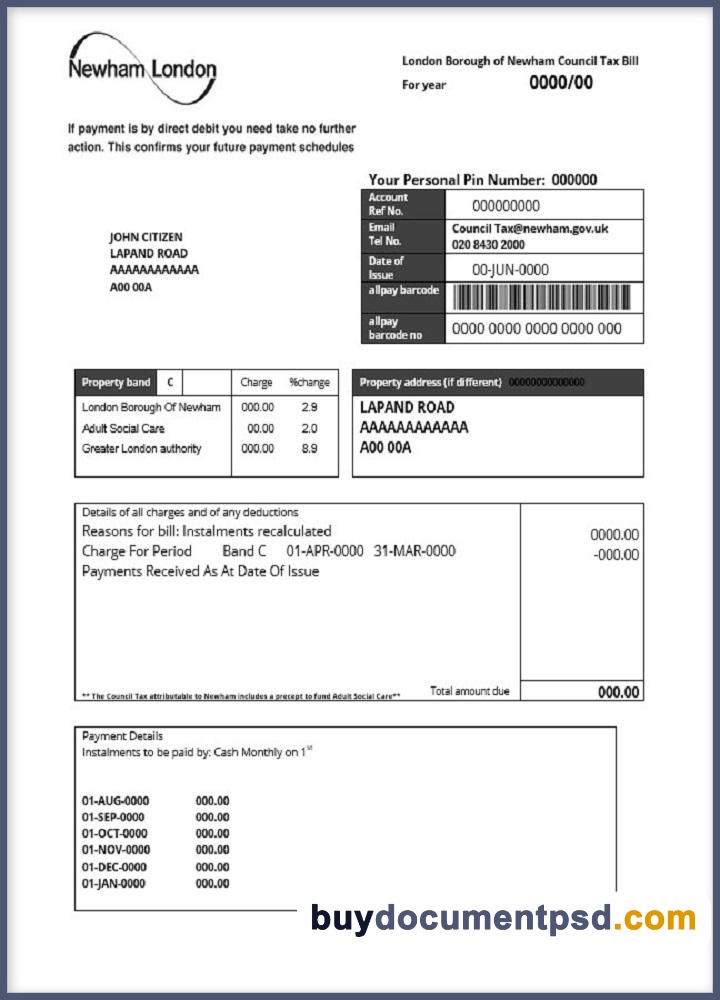 Buy London of Borough of Newham council tax bill Template PSD