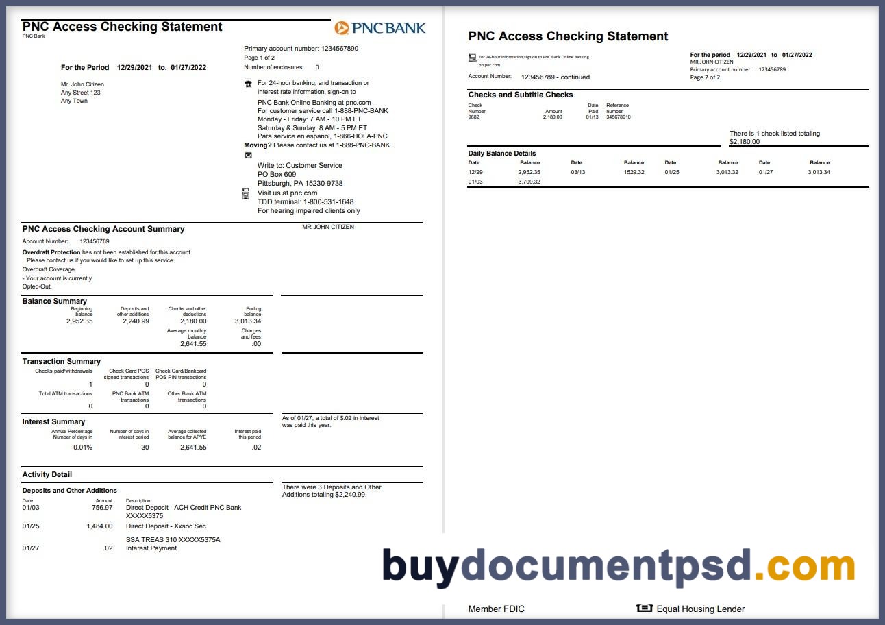 Buy PNC Bank Statement Template PSD
