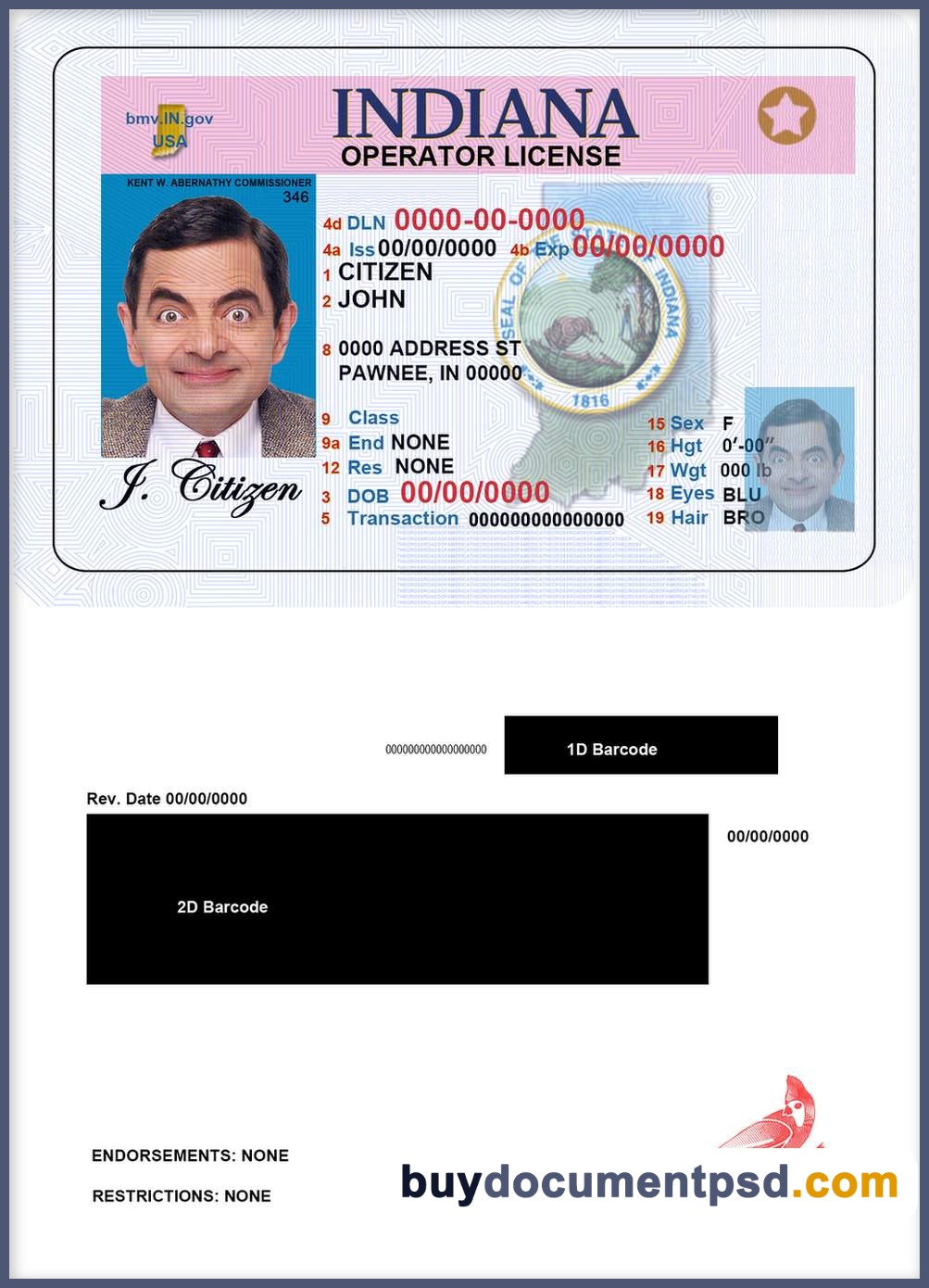 Buy Indiana Driving Licence Template
