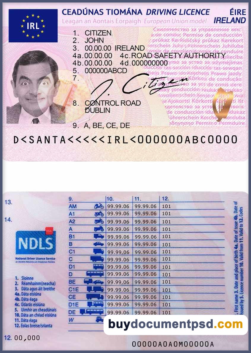 Buy Ireland Driving Licence Template