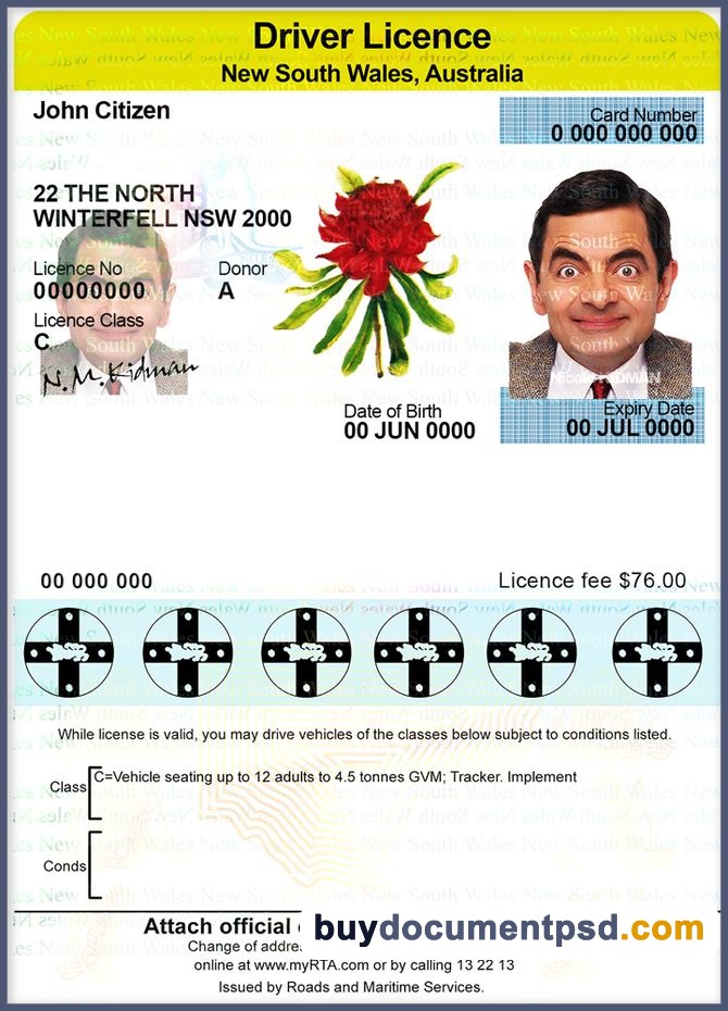 Buy New South Wales, Australia Driving Licence Template