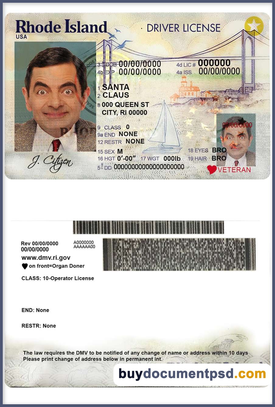 Buy Rhode Island Driving Licence Template
