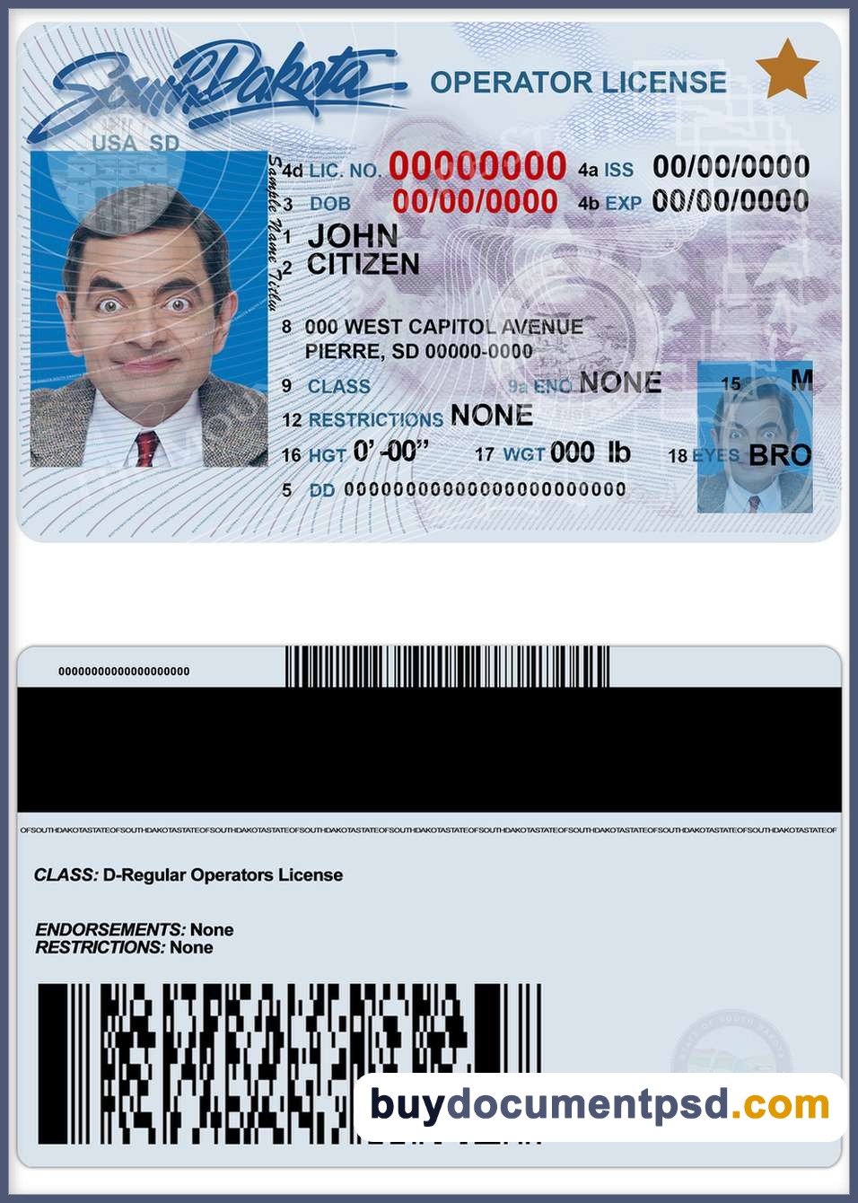 Buy South Dakota Driving Licence Template