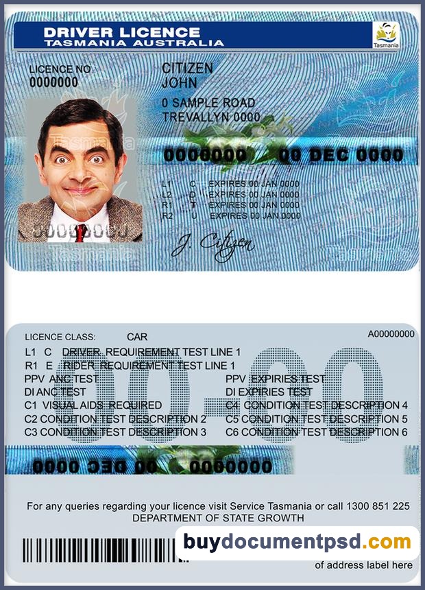 Buy Tasmania, Australia Driving Licence Template