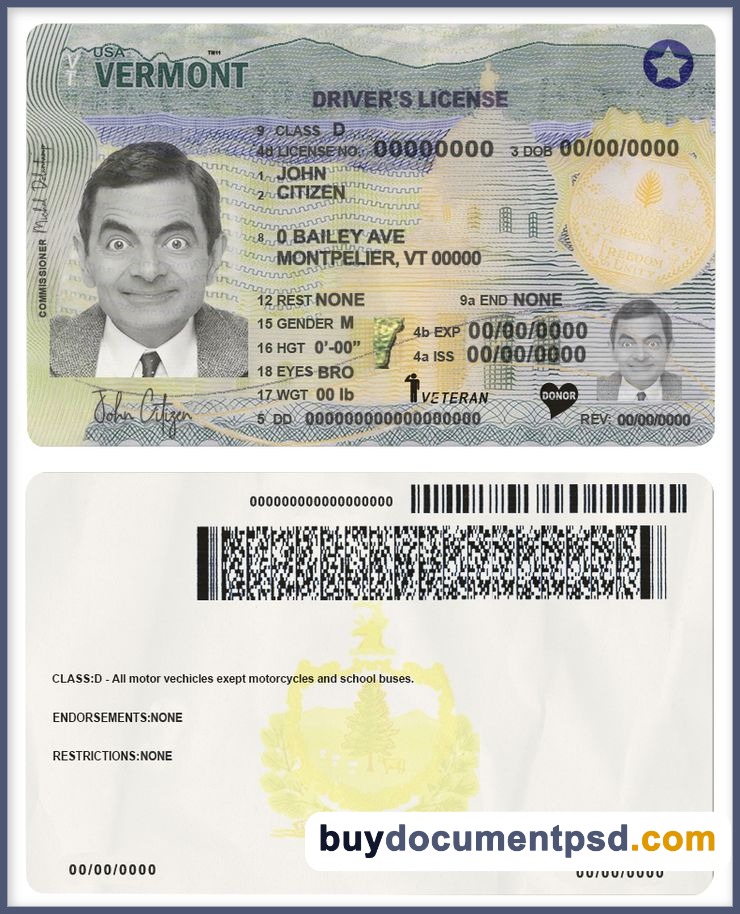 Buy Vermont Driving Licence Template