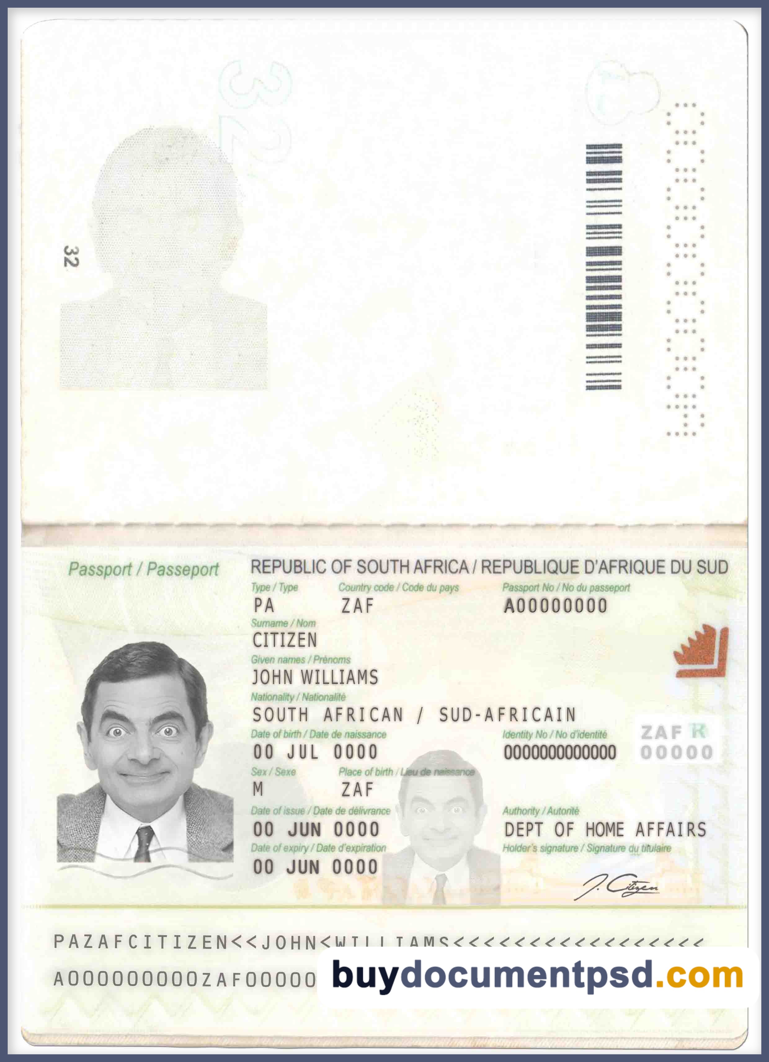 Buy South Africa Passport Template